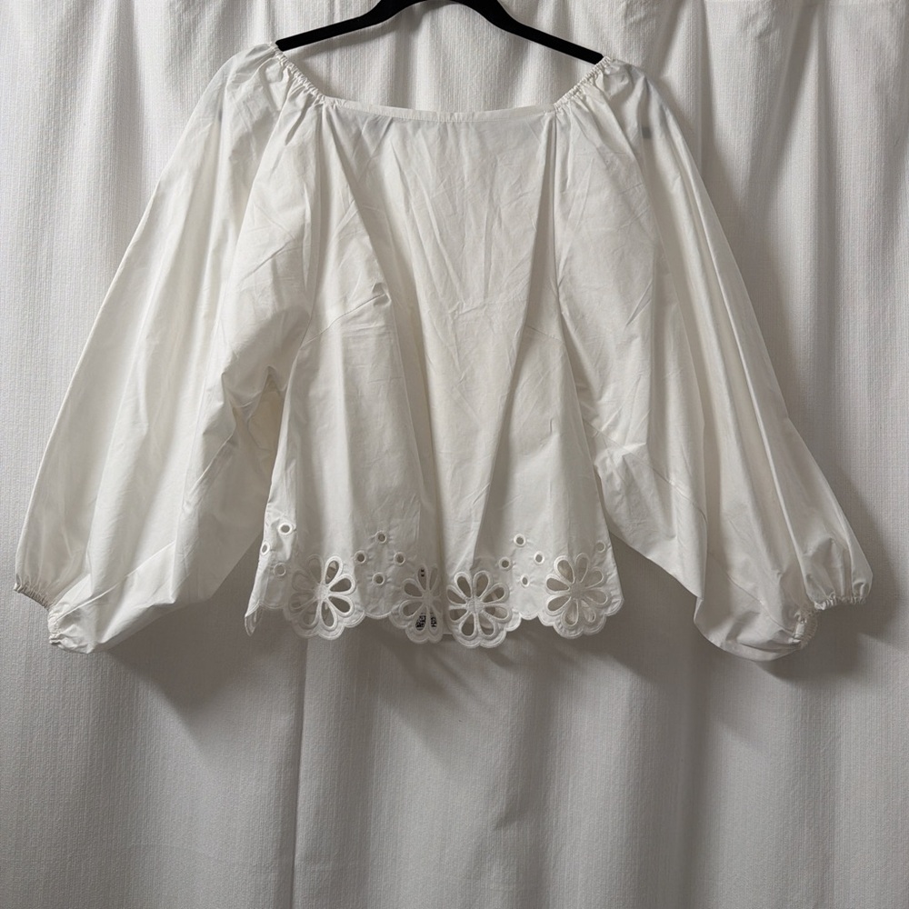 NWT H&M White Cotton Floral Hem Blouse/Shirt w/ 3/4 Balloon Sleeves | Size: M